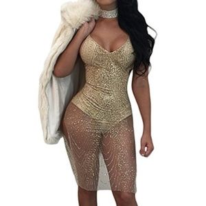 V Neck Studded Mesh Backless Bodycon. Party dress